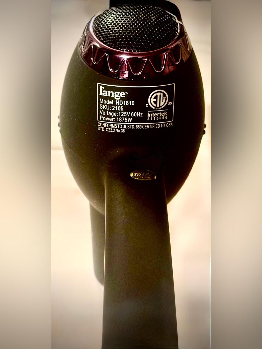 L'ange Black Hair Dryer with Metallic Rose Accent new